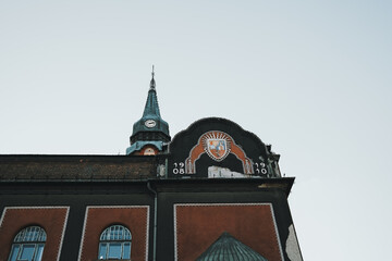 Detail of City Hall spires in Subotica, Serbia, against clear blue winter sky