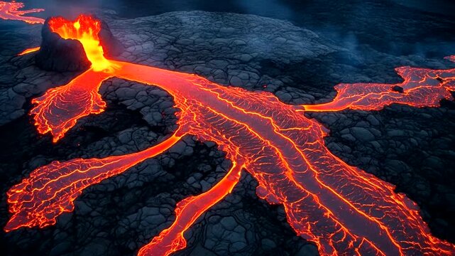 Molten lava flows in intricate patterns across a dark volcanic landscape.