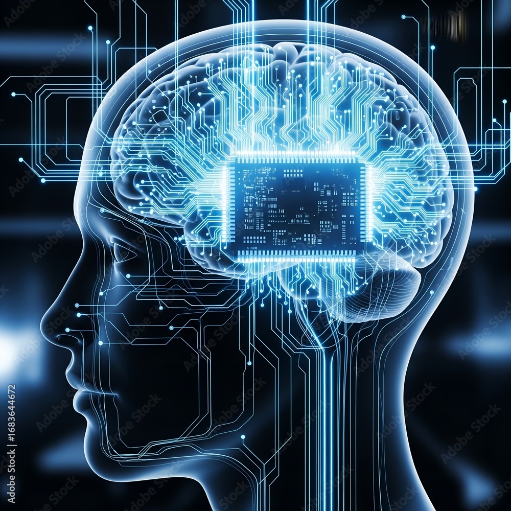 Poster futuristic digital brain with glowing circuits and central processing unit