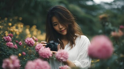 A young woman enjoys her photography hobby capturing the vibrant pink and yellow flowers blooming beautifully in a serene garden under soft daylight