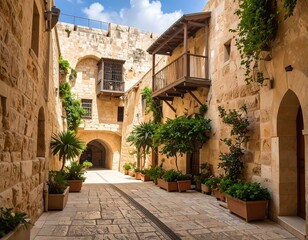 A sun-drenched alleyway lined with aged stone walls, ornamented with potted plants and charming wooden balconies, evokes a tranquil atmosphere.