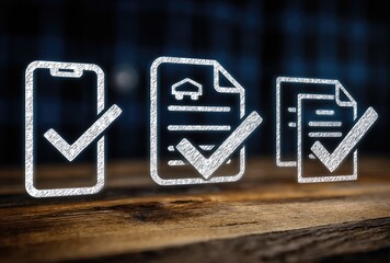 Three mobile devices and documents, marked with checkmarks, on a wooden surface