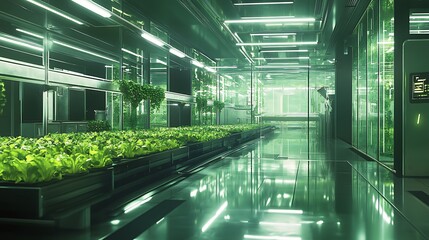 Interior view of a futuristic hydroponic farm with rows of plants and reflective green lighting