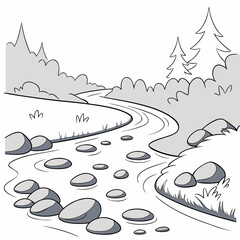 A charming cartoon illustration of a winding river with smooth stones and lush green trees in the background