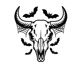 Obraz premium Bull skull silhouette with cobwebs and bats in spooky halloween black and white vector design