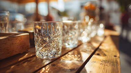 vasos de cristal cortado  elegantes sobre una mesa de madera dentro de un bar o un restaurante para bebidas o cokteles  © Erika