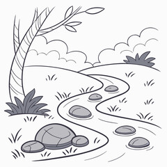 Charming cartoon illustration of a winding stream with stepping stones through a grassy landscape under a cloudy sky
