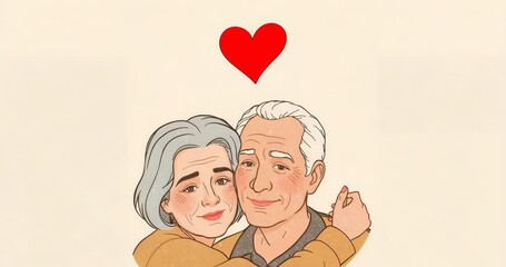 Senior couple embracing in beige backdrop while red heart symbol appearing, celebrating affection - Powered by Adobe
