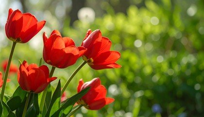 Vibrant red tulips stand out against a soft-focus backdrop of green foliage, bathed in warm sunlight.