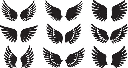 Wings set vector illustration with feathers and decorative design for tattoo or symbol artwork. set of black wings icons, angel or bird wings