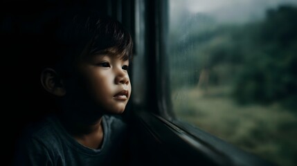 A thoughtful young child gazes out a train window observing the blurred green landscape as the journey unfolds