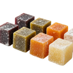 Artisan fruit jellies: rustic squares, rice flour dusted, plum, olive, apricot, lemon, on transparent background with copy space, soft studio light, wholesome confectionery concept