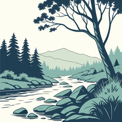Serene mountain landscape with a winding river and majestic trees in a stylized illustration © mukul