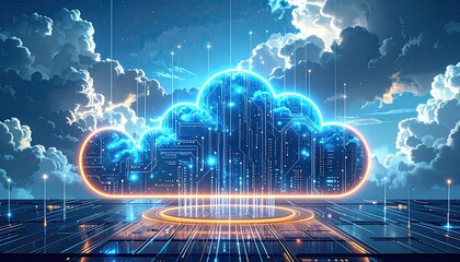 Futuristic cloud computing concept.  A glowing, digital cloud graphic, depicted as a technological structure, sits atop a raised platform with  glowing circuits.  