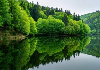 Fototapeta premium Tranquil Lake Reflecting Lush Green Forest Under Cloudy Sky