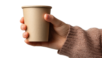 A hand holding a light brown disposable coffee cup