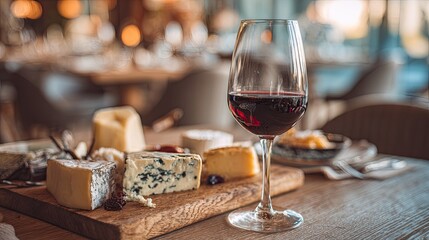 Red wine glass with cheese platter in restaurant