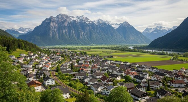 Aerial view of a small town nestled in a valley surrounded by majestic snow capped mountains and green fields