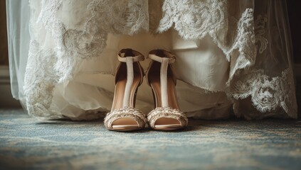 Elegant wedding shoes beneath a lace wedding dress