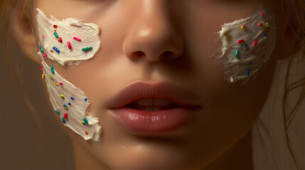 Close-up of a woman’s face with patches of facial cream containing colorful microplastic particles. Focus on skincare and synthetic additives. Perfect for beauty and environmental topics