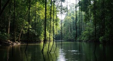 Obraz premium Lush jungle river scene. Sunlight filters through dense canopy