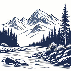 Stylized mountain landscape with a winding river and evergreen forest in blue tones