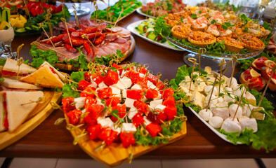 Colorful buffet spread featuring various appetizers and salad arrangements for a festive gathering