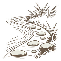 Winding stepping stone path across a tranquil stream with lush green grass and foliage