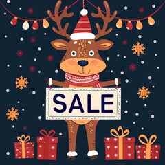 2d flat cartoon illustration of Christmas sale featuring reindeer  and garland
