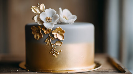 un pastel elegante dorado con gris liso y minimalista decorado con flores elegantes y sutiles sobre una mesa de madera para celebracion o boda 