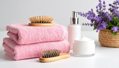 Pink towels, hairbrush, lotion, and lavender.  A spa-like arrangement of pink towels, wooden hairbrushes, a white lotion bottle, and a white cream jar. 