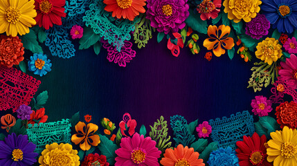 fondo con espacio de copia con un marco colorido de diseño de flores y papel picado tradicional mexicano y de la cultura mexicana diseño con estilo artistico tipico y folklorico 
