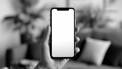Smartphone held in hand, blank screen, blurred home interior