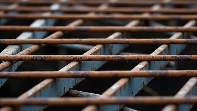 Close up of weathered rusty metal grate with parallel bars and crisscross pattern showing texture and industrial detail