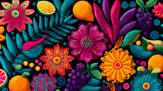 dise&ntilde;o de flores tradicionales y culturales mexicanas coloridas y vibrantes para papel tapiz o plantilla decorativa hermoso arte mexicano