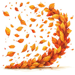 Wind Blowing Fall Leaves, watercolor drawing vector, isolated on a white background.