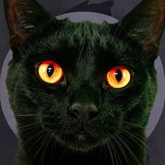 Close-up black cat with glowing orange eyes
