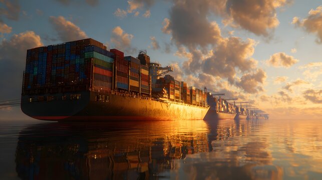 Large Cargo Container Ships Sailing on Ocean at Sunrise - Powered by Adobe