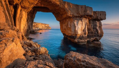 Fototapeta premium Dramatic rock arch at sunrise over tranquil water