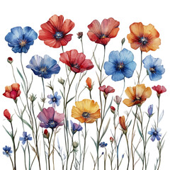 Wildflowers, watercolor painting vector, isolated on a white background.