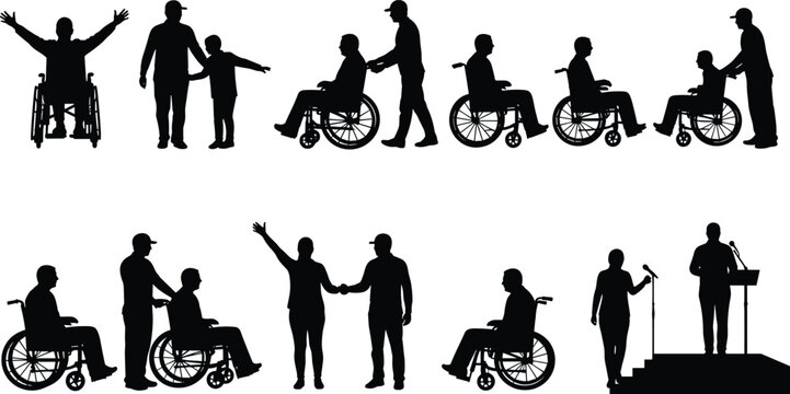 Black silhouette people with and without wheelchairs interacting, inclusivity concept, assistance, communication, teamwork, and accessibility in public and social settings vector illustration
