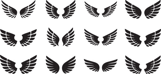 Wings set vector illustration with feathers and decorative design for tattoo or symbol artwork. set of black wings icons, angel or bird wings