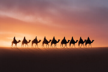 Silhouetted camels and riders traversing the desert landscape at sunset, creating a mesmerizing scene