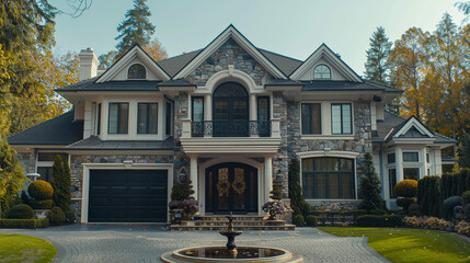 Suburban McMansion with oversized garage, stone fa? section ade, decorative fountain in the yard, a symbol of American excess.
