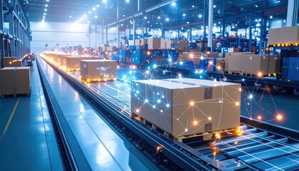 Automated Warehouse Conveyor Belt System with Holographic Data Interface