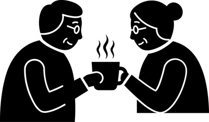 Elderly couple sharing coffee minimalist icon on white background
