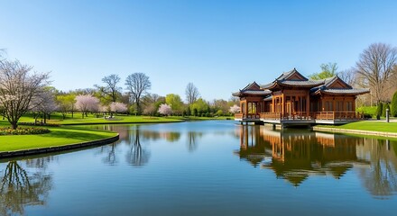 Fototapeta premium Scenic Lake with Traditional Asian Pagoda and Clear Blue Sky 