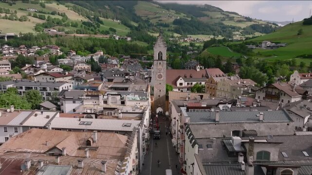 Sterzing Vipiteno on the north of Italy, Aerial Shot. Town is surrounded by Alps mountains, Province of Bolzano, Italy.