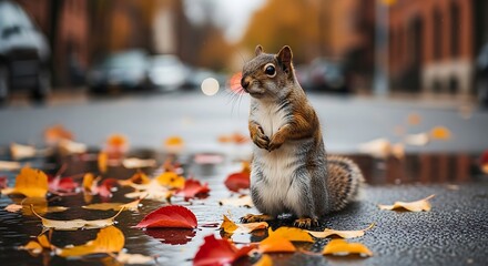 Cute Squirrel on Autumn Street Surrounded by Fallen Leaves
