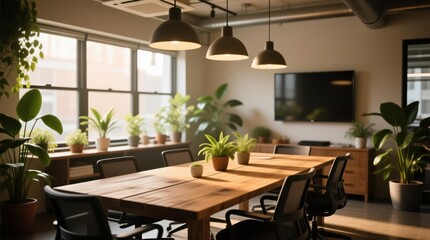 Sunlit modern office meeting room with plants
